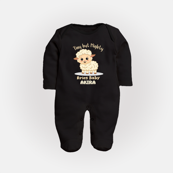 Tiny But Mighty Aries Baby Sleepsuit / Full Sleeve Bodysuit | Personalized Aries Sleepsuit / Full Sleeve Bodysuit for Your Little One - BLACK - New Born (Chest 7.5")