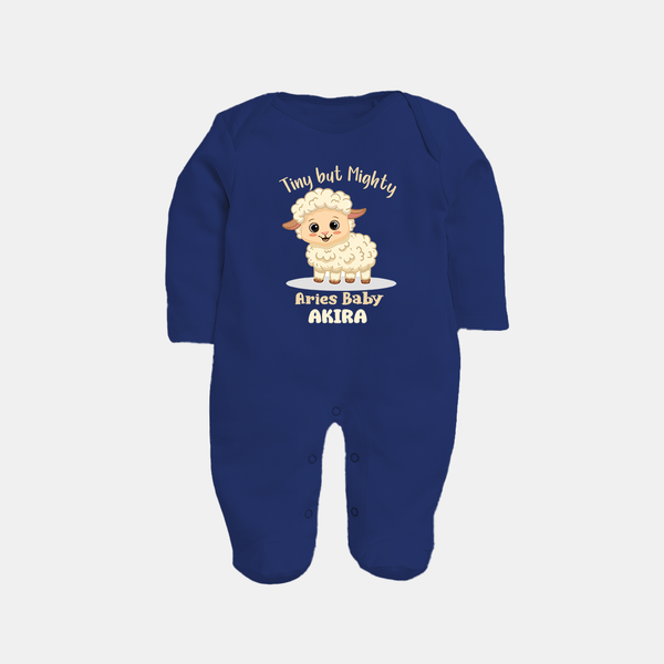 Tiny But Mighty Aries Baby Sleepsuit / Full Sleeve Bodysuit | Personalized Aries Sleepsuit / Full Sleeve Bodysuit for Your Little One - NAVY BLUE - New Born (Chest 7.5")