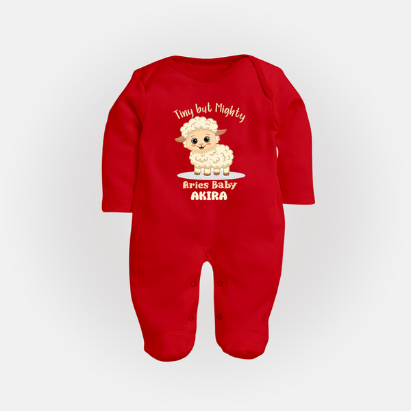 Tiny But Mighty Aries Baby Sleepsuit / Full Sleeve Bodysuit | Personalized Aries Sleepsuit / Full Sleeve Bodysuit for Your Little One - RED - New Born (Chest 7.5")