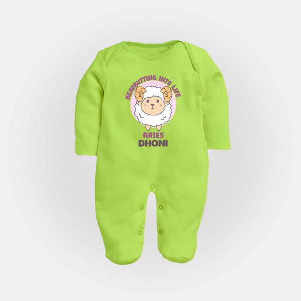 Heading Butting into Life Aries Sleepsuit / Full Sleeve Bodysuit | Custom Aries Sleepsuit / Full Sleeve Bodysuit for Your Baby - LIME GREEN - New Born (Chest 7.5")