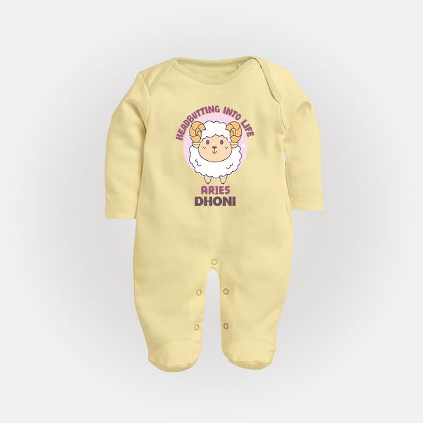 Heading Butting into Life Aries Sleepsuit / Full Sleeve Bodysuit | Custom Aries Sleepsuit / Full Sleeve Bodysuit for Your Baby - PASTEL YELLOW - New Born (Chest 7.5")