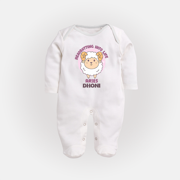 Heading Butting into Life Aries Sleepsuit / Full Sleeve Bodysuit | Custom Aries Sleepsuit / Full Sleeve Bodysuit for Your Baby - WHITE - New Born (Chest 7.5")