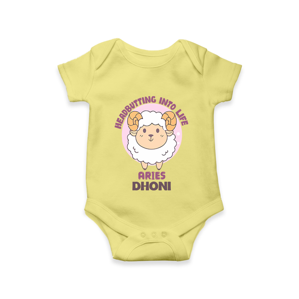 Heading Butting into Life Aries Romper / Onesie | Custom Aries Romper / Onesie for Your Baby - PASTEL YELLOW - New Born (Chest 14")