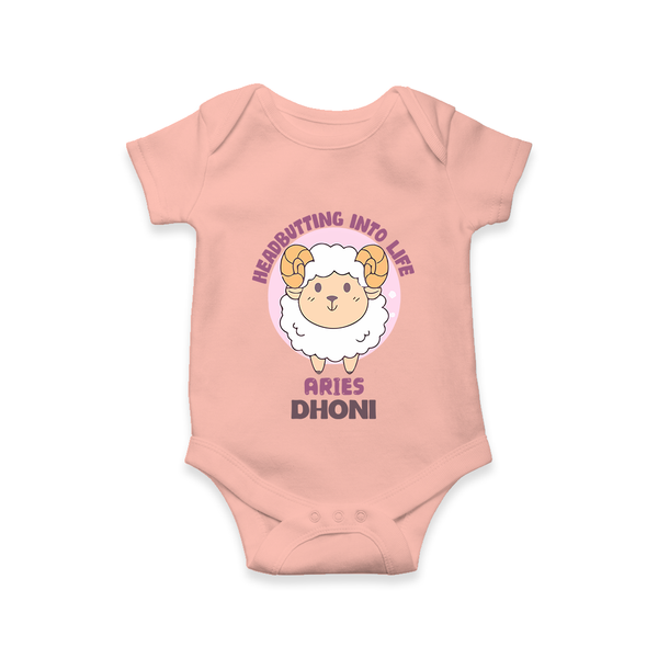 Heading Butting into Life Aries Romper / Onesie | Custom Aries Romper / Onesie for Your Baby - PEACH - New Born (Chest 14")