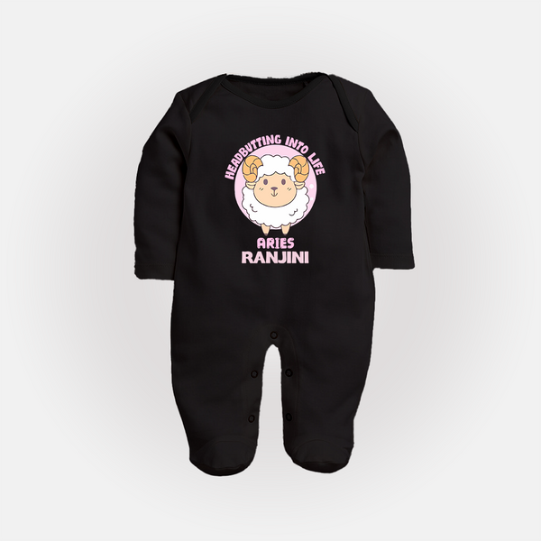 Heading Butting into Life Aries Sleepsuit / Full Sleeve Bodysuit | Custom Aries Sleepsuit / Full Sleeve Bodysuit for Your Baby - BLACK - New Born (Chest 7.5")