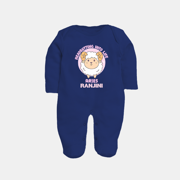 Heading Butting into Life Aries Sleepsuit / Full Sleeve Bodysuit | Custom Aries Sleepsuit / Full Sleeve Bodysuit for Your Baby - NAVY BLUE - New Born (Chest 7.5")