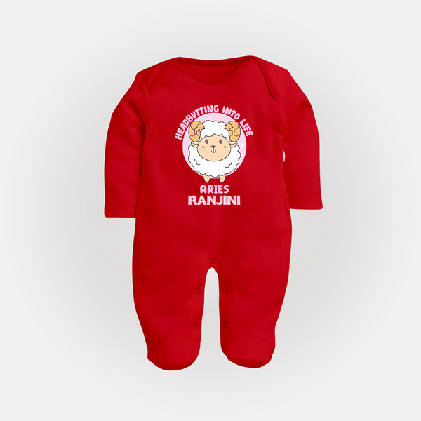 Heading Butting into Life Aries Sleepsuit / Full Sleeve Bodysuit | Custom Aries Sleepsuit / Full Sleeve Bodysuit for Your Baby - RED - New Born (Chest 7.5")