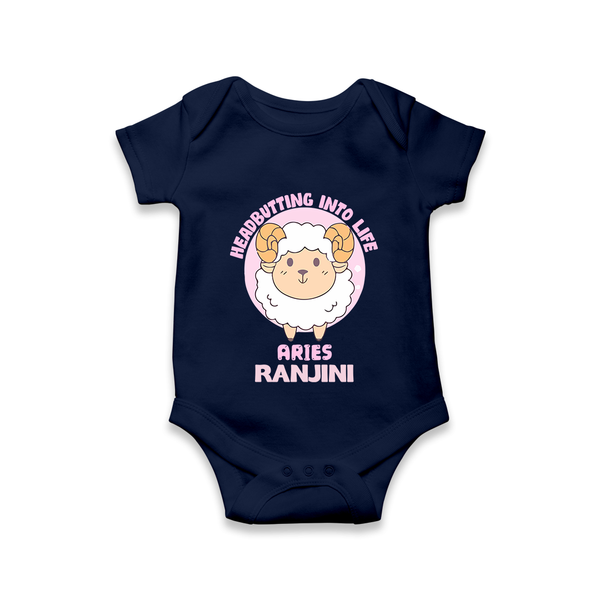 Heading Butting into Life Aries Romper / Onesie | Custom Aries Romper / Onesie for Your Baby - NAVY BLUE - New Born (Chest 14")