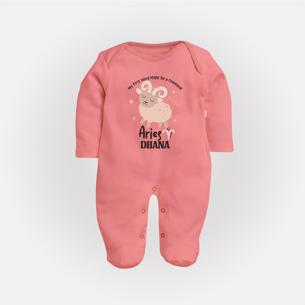 My First World Might Be a Command Aries Sleepsuit / Full Sleeve Bodysuit | Personalized Aries Sleepsuit / Full Sleeve Bodysuit for Your Little Leader - PEACH - New Born (Chest 7.5")