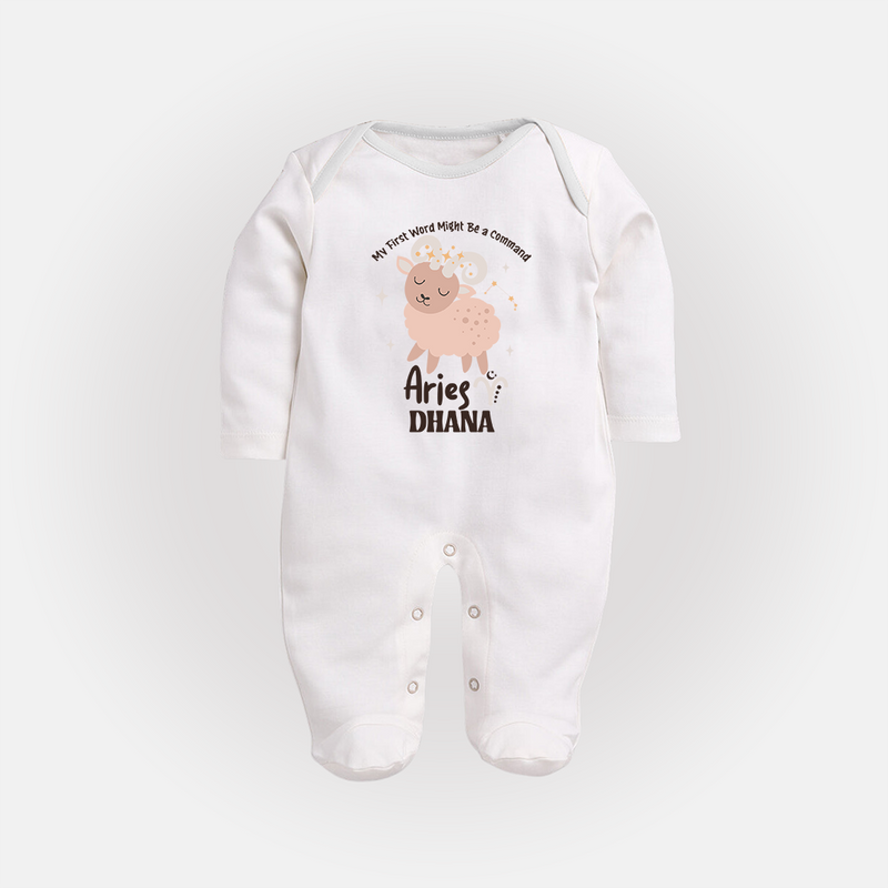 My First World Might Be a Command Aries Sleepsuit / Full Sleeve Bodysuit | Personalized Aries Sleepsuit / Full Sleeve Bodysuit for Your Little Leader - WHITE - New Born (Chest 7.5")