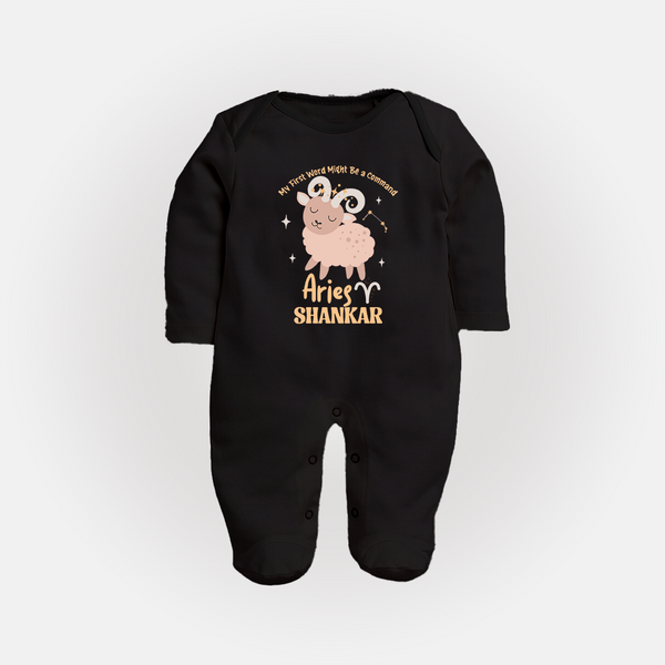 My First World Might Be a Command Aries Sleepsuit / Full Sleeve Bodysuit | Personalized Aries Sleepsuit / Full Sleeve Bodysuit for Your Little Leader - BLACK - New Born (Chest 7.5")