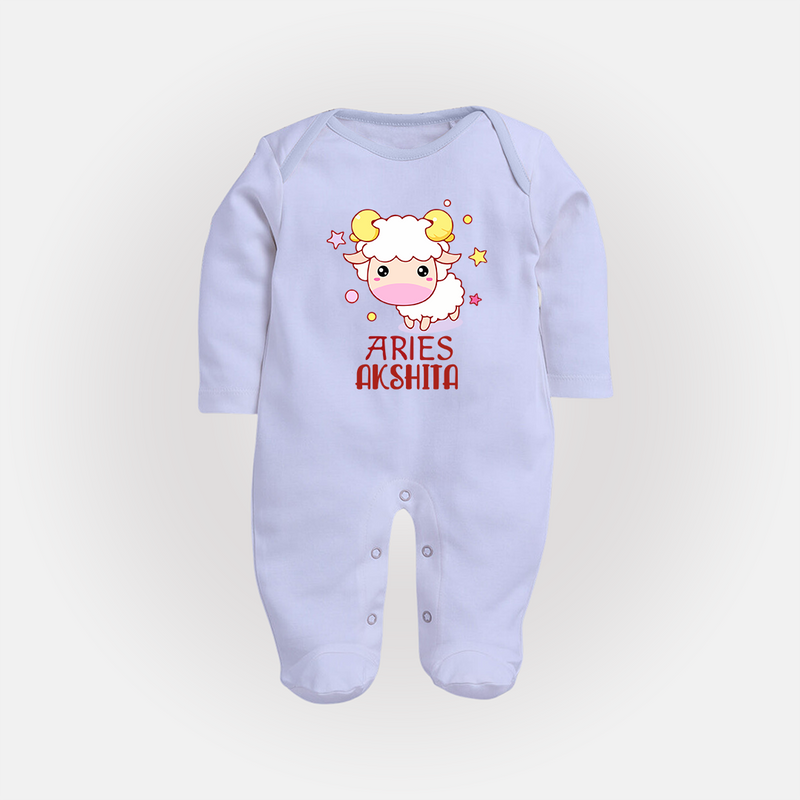 Aries Baby Sleepsuit / Full Sleeve Bodysuit | Custom Sleepsuit / Full Sleeve Bodysuit for Aries Babies - BABY BLUE - New Born (Chest 7.5")