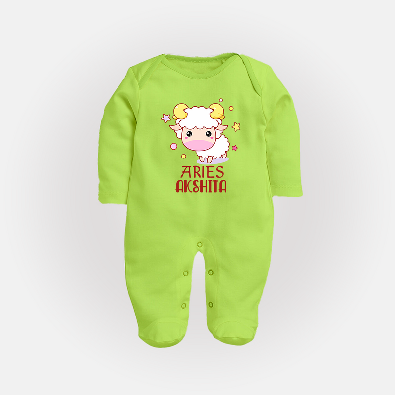 Aries Baby Sleepsuit / Full Sleeve Bodysuit | Custom Sleepsuit / Full Sleeve Bodysuit for Aries Babies - LIME GREEN - New Born (Chest 7.5")