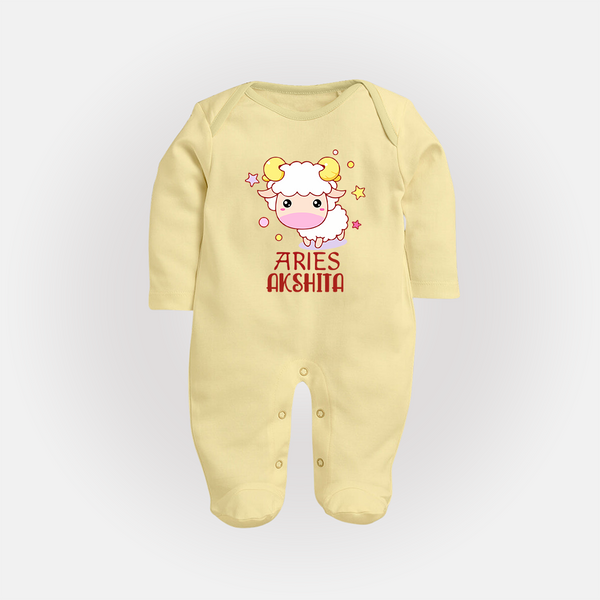 Aries Baby Sleepsuit / Full Sleeve Bodysuit | Custom Sleepsuit / Full Sleeve Bodysuit for Aries Babies - PASTEL YELLOW - New Born (Chest 7.5")