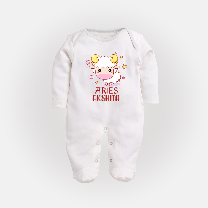 Aries Baby Sleepsuit / Full Sleeve Bodysuit | Custom Sleepsuit / Full Sleeve Bodysuit for Aries Babies - WHITE - New Born (Chest 7.5")
