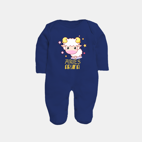 Aries Baby Sleepsuit / Full Sleeve Bodysuit | Custom Sleepsuit / Full Sleeve Bodysuit for Aries Babies - NAVY BLUE - New Born (Chest 7.5")