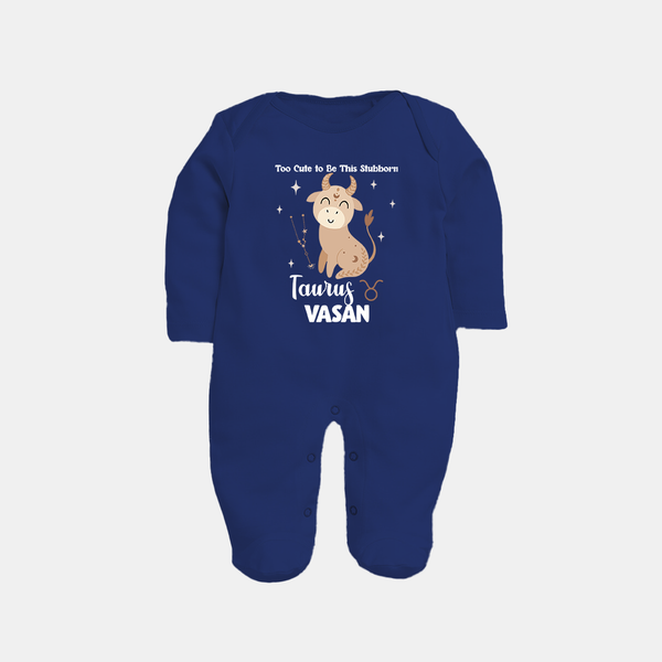 Too Cute To Be This Stubborn Taurus Sleepsuit / Full Sleeve Bodysuit | Personalized Taurus Sleepsuit / Full Sleeve Bodysuit for Your Little Stubborn Star - NAVY BLUE - New Born (Chest 7.5")