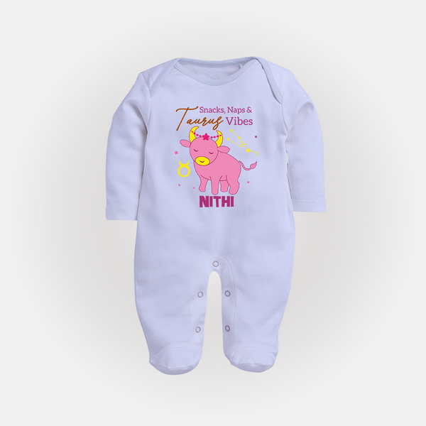 Snacks, Naps and Taurus Vibes Sleepsuit / Full Sleeve Bodysuit | Custom Taurus Sleepsuit / Full Sleeve Bodysuit for Your Cozy Baby - BABY BLUE - New Born (Chest 7.5")