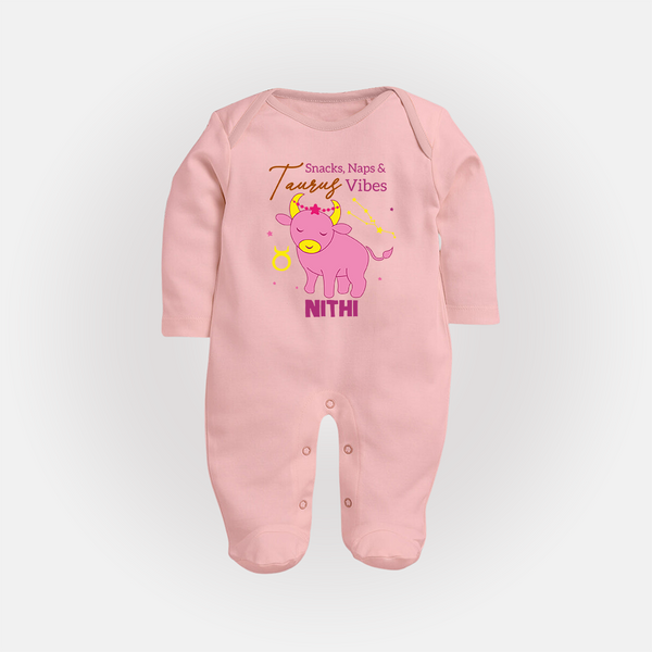 Snacks, Naps and Taurus Vibes Sleepsuit / Full Sleeve Bodysuit | Custom Taurus Sleepsuit / Full Sleeve Bodysuit for Your Cozy Baby - BABY PINK - New Born (Chest 7.5")