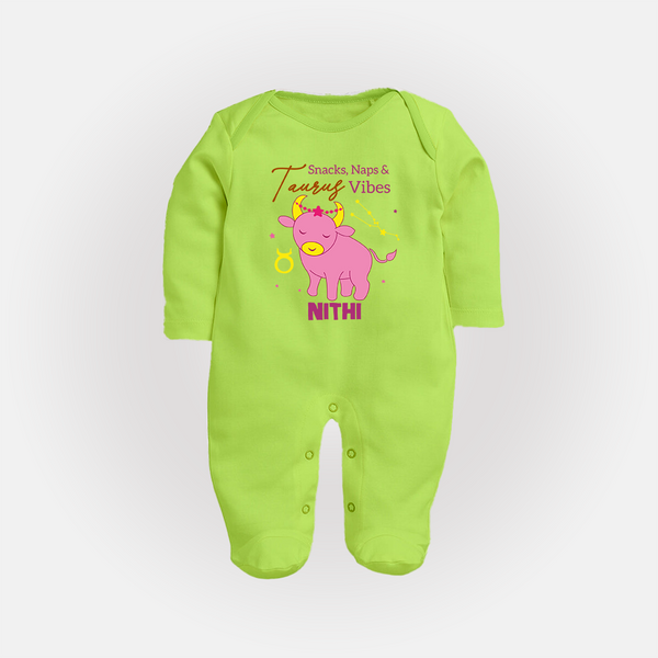 Snacks, Naps and Taurus Vibes Sleepsuit / Full Sleeve Bodysuit | Custom Taurus Sleepsuit / Full Sleeve Bodysuit for Your Cozy Baby - LIME GREEN - New Born (Chest 7.5")