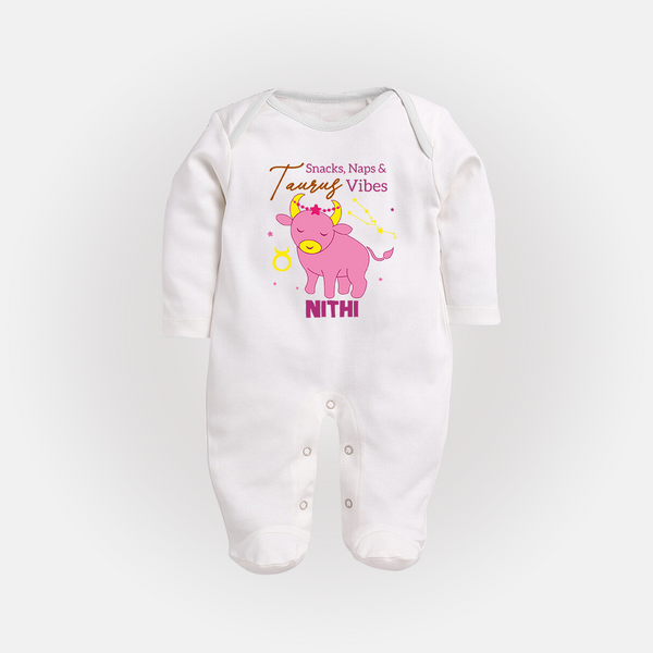 Snacks, Naps and Taurus Vibes Sleepsuit / Full Sleeve Bodysuit | Custom Taurus Sleepsuit / Full Sleeve Bodysuit for Your Cozy Baby - WHITE - New Born (Chest 7.5")