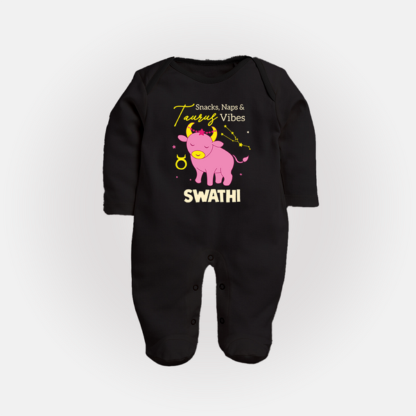 Snacks, Naps and Taurus Vibes Sleepsuit / Full Sleeve Bodysuit | Custom Taurus Sleepsuit / Full Sleeve Bodysuit for Your Cozy Baby - BLACK - New Born (Chest 7.5")