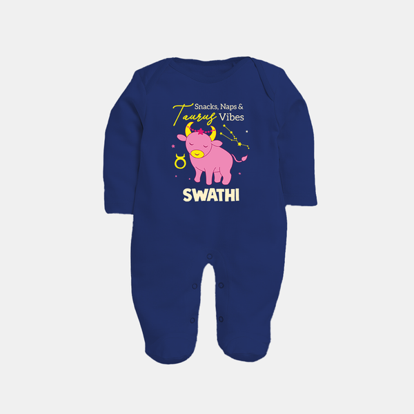 Snacks, Naps and Taurus Vibes Sleepsuit / Full Sleeve Bodysuit | Custom Taurus Sleepsuit / Full Sleeve Bodysuit for Your Cozy Baby - NAVY BLUE - New Born (Chest 7.5")