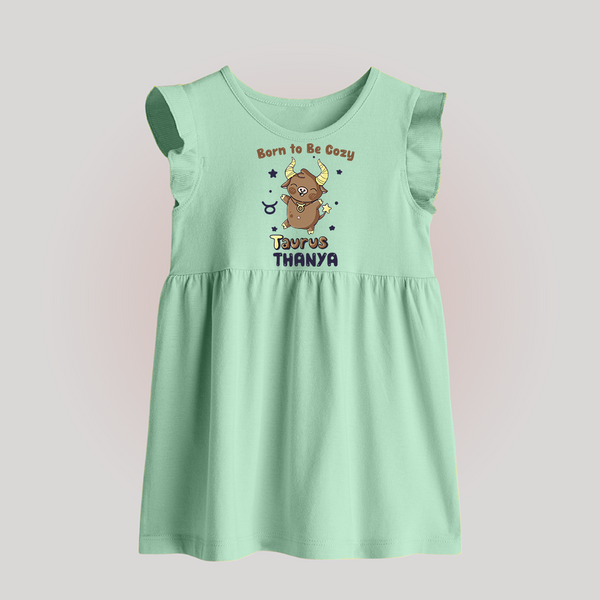 Born To Be Cozy Taurus Baby Frock | Personalized Baby Frock for Your Cozy Taurus Baby - MINT GREEN - 0 - 3 Months Old (Chest 17")