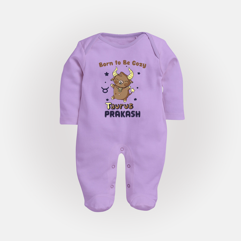 Born To Be Cozy Taurus Sleepsuit / Full Sleeve Bodysuit | Personalized Sleepsuit / Full Sleeve Bodysuit for Your Cozy Taurus Baby - LILAC - New Born (Chest 7.5")