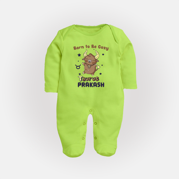Born To Be Cozy Taurus Sleepsuit / Full Sleeve Bodysuit | Personalized Sleepsuit / Full Sleeve Bodysuit for Your Cozy Taurus Baby - LIME GREEN - New Born (Chest 7.5")
