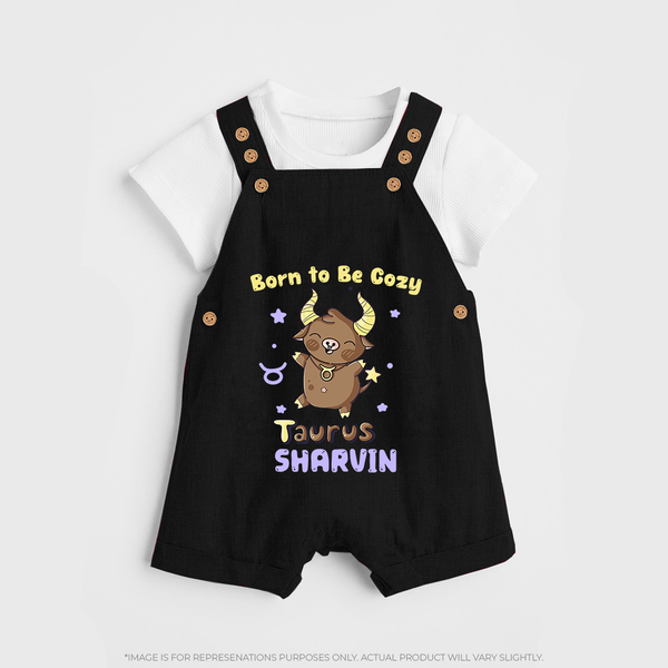 Born To Be Cozy Taurus Dungaree Set | Personalized Dungaree Set for Your Cozy Taurus Baby - BLACK - 0 - 5 Months Old (Chest 18")