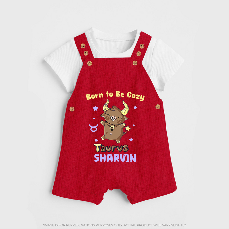 Born To Be Cozy Taurus Dungaree Set | Personalized Dungaree Set for Your Cozy Taurus Baby - RED - 0 - 5 Months Old (Chest 18")