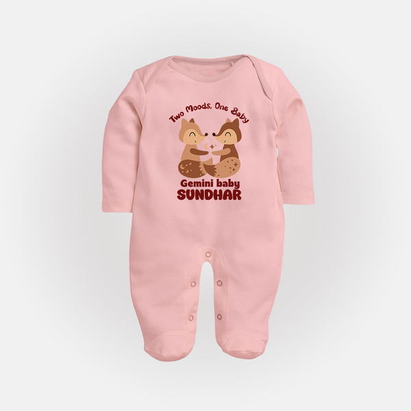 Two Moods, One Baby Gemini Sleepsuit / Full Sleeve Bodysuit | Custom Gemini Baby Sleepsuit / Full Sleeve Bodysuit for Your Little Dual Personality - BABY PINK - New Born (Chest 7.5")