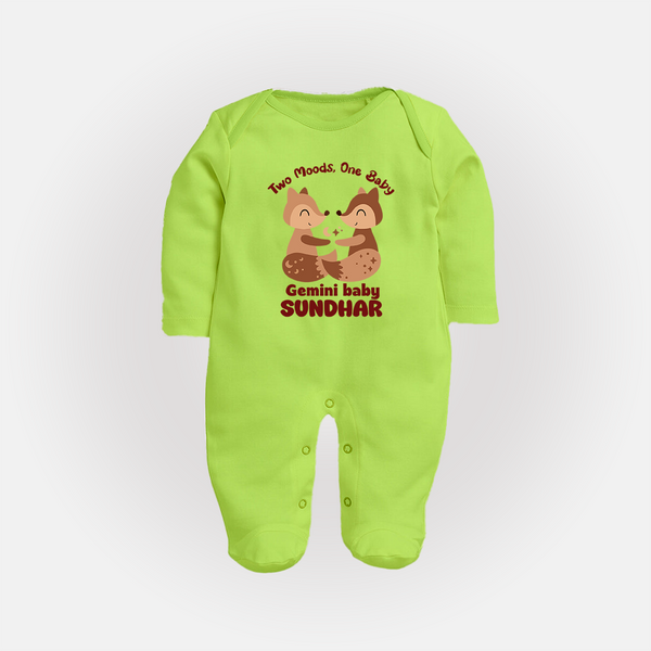 Two Moods, One Baby Gemini Sleepsuit / Full Sleeve Bodysuit | Custom Gemini Baby Sleepsuit / Full Sleeve Bodysuit for Your Little Dual Personality - LIME GREEN - New Born (Chest 7.5")