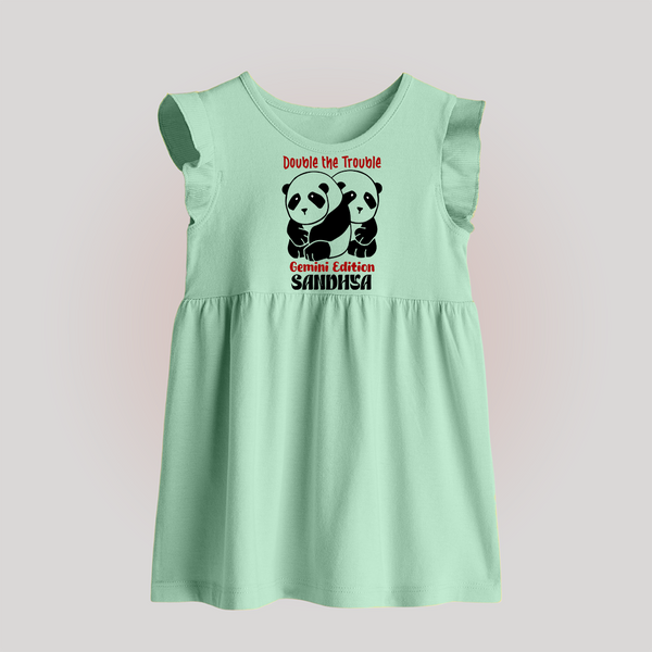 Double The Trouble Gemini Edition Baby Frock | Personalized Gemini Baby Frock for Your Little Trouble Maker - MINT GREEN - 0 - 3 Months Old (Chest 17")