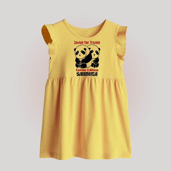 Double The Trouble Gemini Edition Baby Frock | Personalized Gemini Baby Frock for Your Little Trouble Maker - PASTEL YELLOW - 0 - 3 Months Old (Chest 17")