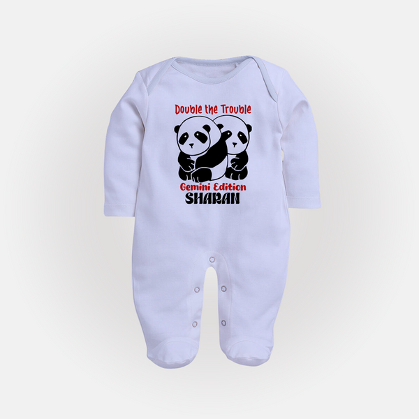 Double The Trouble Gemini Edition Sleepsuit / Full Sleeve Bodysuit | Personalized Gemini Sleepsuit / Full Sleeve Bodysuit for Your Little Trouble Maker - BABY BLUE - New Born (Chest 7.5")