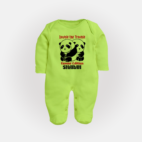 Double The Trouble Gemini Edition Sleepsuit / Full Sleeve Bodysuit | Personalized Gemini Sleepsuit / Full Sleeve Bodysuit for Your Little Trouble Maker - LIME GREEN - New Born (Chest 7.5")