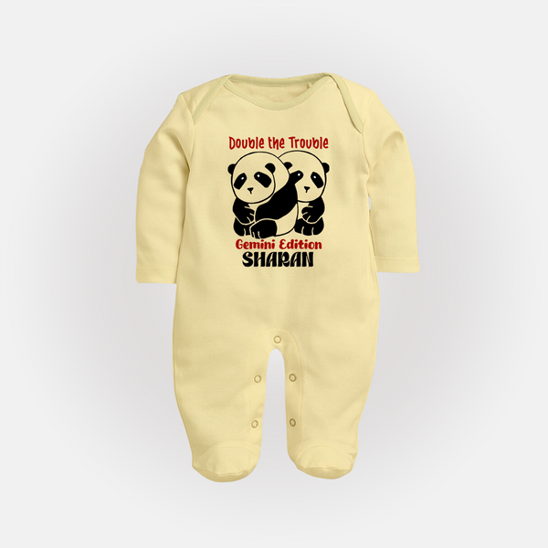 Double The Trouble Gemini Edition Sleepsuit / Full Sleeve Bodysuit | Personalized Gemini Sleepsuit / Full Sleeve Bodysuit for Your Little Trouble Maker - PASTEL YELLOW - New Born (Chest 7.5")