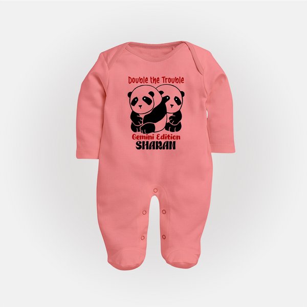 Double The Trouble Gemini Edition Sleepsuit / Full Sleeve Bodysuit | Personalized Gemini Sleepsuit / Full Sleeve Bodysuit for Your Little Trouble Maker - PEACH - New Born (Chest 7.5")