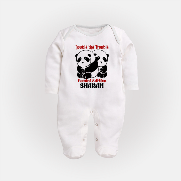Double The Trouble Gemini Edition Sleepsuit / Full Sleeve Bodysuit | Personalized Gemini Sleepsuit / Full Sleeve Bodysuit for Your Little Trouble Maker - WHITE - New Born (Chest 7.5")