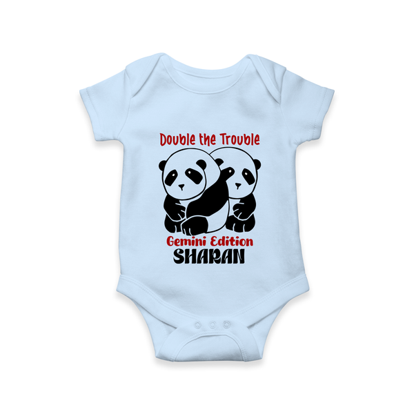 Double The Trouble Gemini Edition Romper / Onesie | Personalized Gemini Romper / Onesie for Your Little Trouble Maker - BABY BLUE - New Born (Chest 14")
