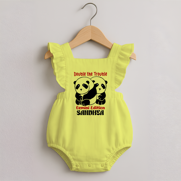 Double The Trouble Gemini Edition Romper Frock | Personalized Gemini Romper Frock for Your Little Trouble Maker - PASTEL YELLOW - 0 - 3 Months Old (Chest 19")