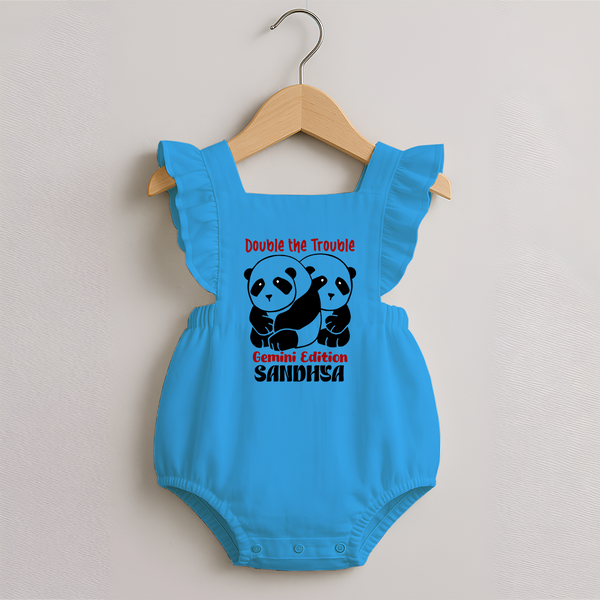 Double The Trouble Gemini Edition Romper Frock | Personalized Gemini Romper Frock for Your Little Trouble Maker - SKY BLUE - 0 - 3 Months Old (Chest 19")