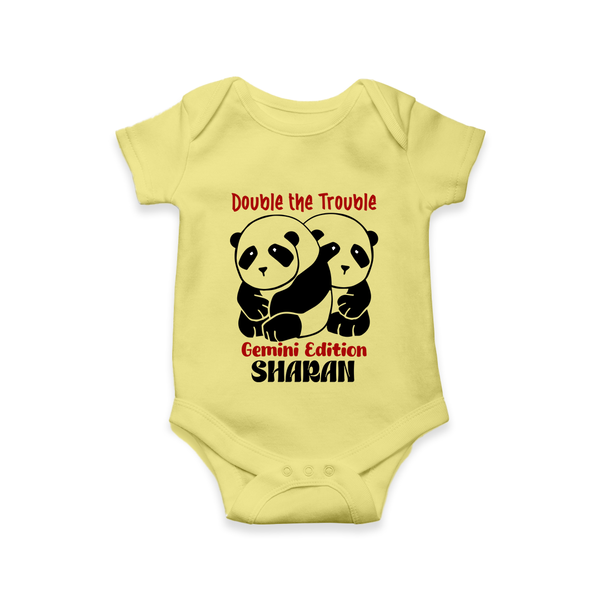 Double The Trouble Gemini Edition Romper / Onesie | Personalized Gemini Romper / Onesie for Your Little Trouble Maker - PASTEL YELLOW - New Born (Chest 14")