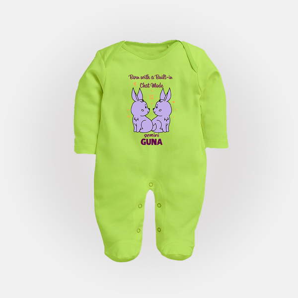 Born With A Built-In Chat Mode Gemini Sleepsuit / Full Sleeve Bodysuit | Custom Gemini Sleepsuit / Full Sleeve Bodysuit for Your Little Talker - LIME GREEN - New Born (Chest 7.5")