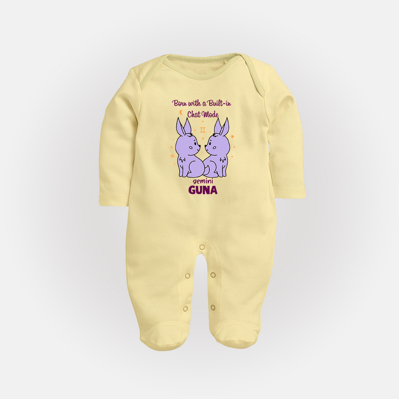 Born With A Built-In Chat Mode Gemini Sleepsuit / Full Sleeve Bodysuit | Custom Gemini Sleepsuit / Full Sleeve Bodysuit for Your Little Talker - PASTEL YELLOW - New Born (Chest 7.5")