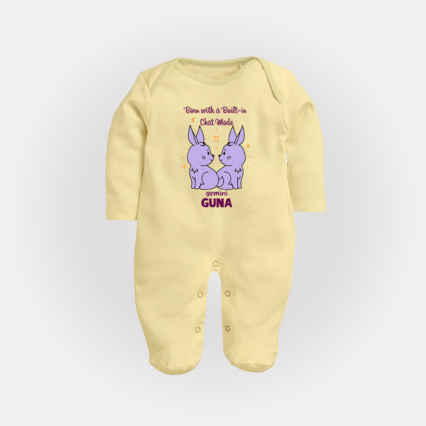 Born With A Built-In Chat Mode Gemini Sleepsuit / Full Sleeve Bodysuit | Custom Gemini Sleepsuit / Full Sleeve Bodysuit for Your Little Talker - PASTEL YELLOW - New Born (Chest 7.5")