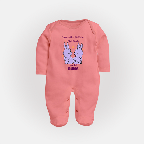 Born With A Built-In Chat Mode Gemini Sleepsuit / Full Sleeve Bodysuit | Custom Gemini Sleepsuit / Full Sleeve Bodysuit for Your Little Talker - PEACH - New Born (Chest 7.5")