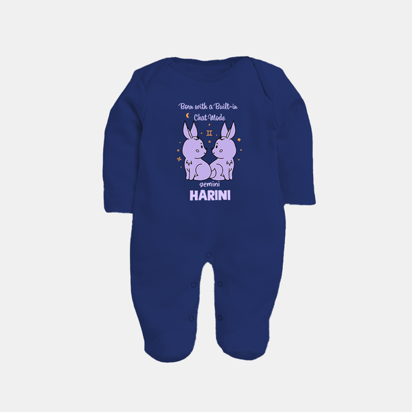 Born With A Built-In Chat Mode Gemini Sleepsuit / Full Sleeve Bodysuit | Custom Gemini Sleepsuit / Full Sleeve Bodysuit for Your Little Talker - NAVY BLUE - New Born (Chest 7.5")